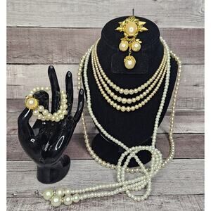 5 Piece PEARL JEWELRY Bundle Lot Vintage Necklace Brooch Bracelet Costume GIFT